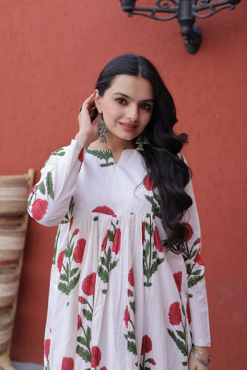 Off-White and Blue Floral Printed Kurti Pant Set.